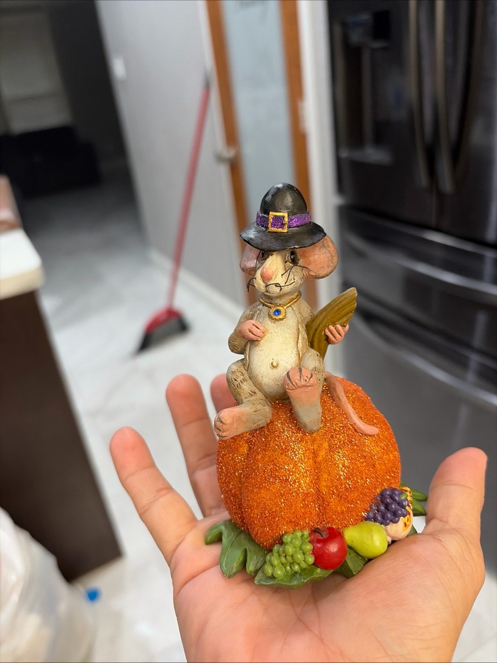 Autumn Mouse on Glitter Pumpkin Figurine
